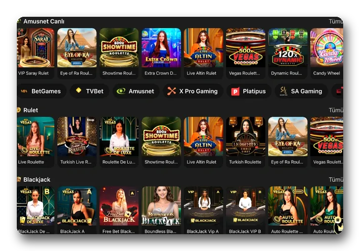 Studio-sorted roulette, blackjack Layout with live casino rows sorted by studio, showing roulette and blackjack tables