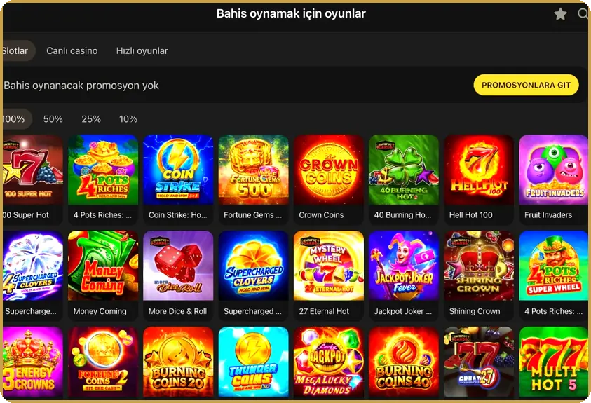 Slots by wagering share Layout with a wagering slot list and 100%, 50%, 25% and 10% contribution filters