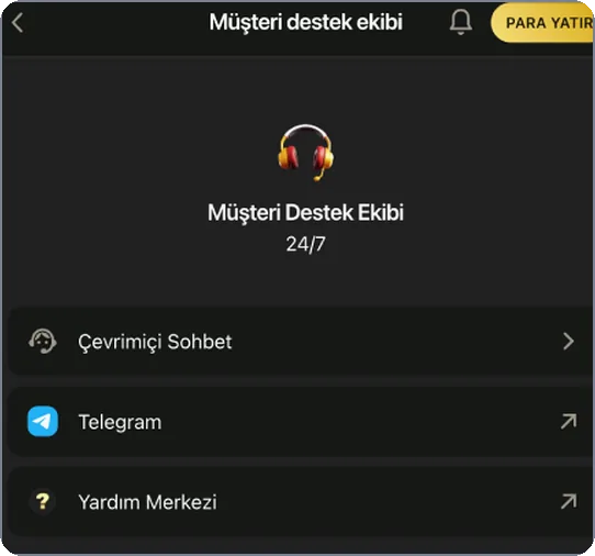 Düzen: çevrimiçi sohbet, Telegram ve Yardım Merkezi bağlantılı destek menüsü