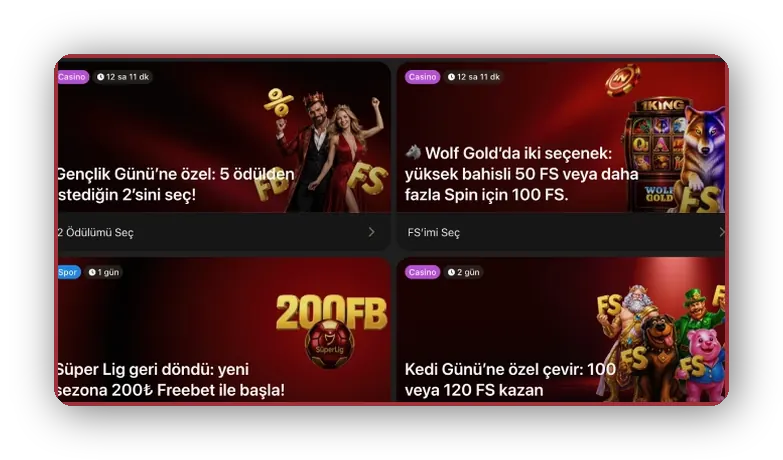 Spin and cashback cards Layout with four promo cards for free spins and cashback on a dark background
