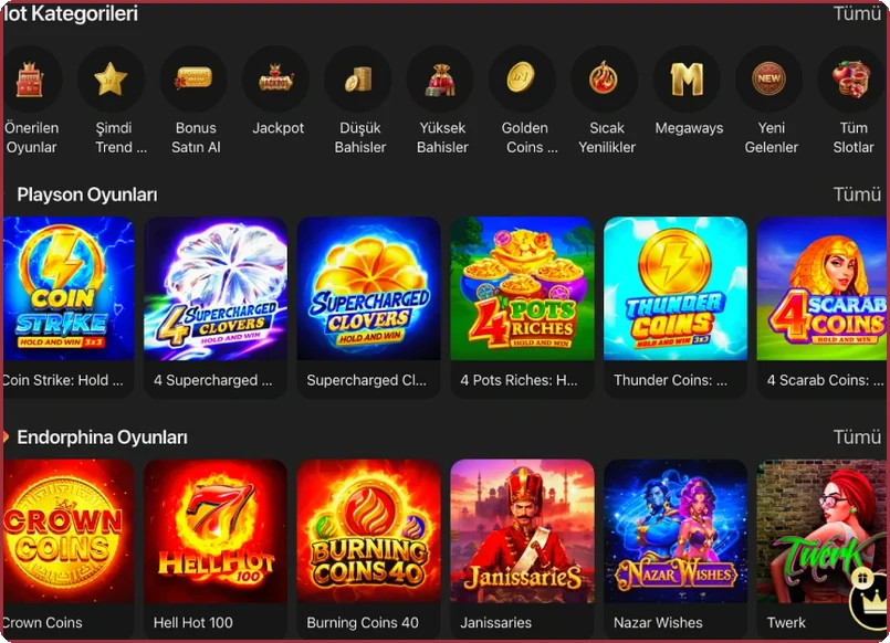 Category strip over slot rows Layout with a slot category bar sitting above provider game rows