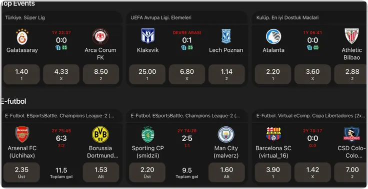 Layout with a Top Events list of football fixtures and 1 X 2 odds buttons