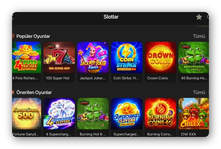 Layout with popular and recommended slot rows that include hold and win titles