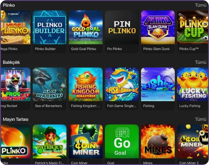 Layout with slot rows for Plinko, fishing and Mayan themed titles