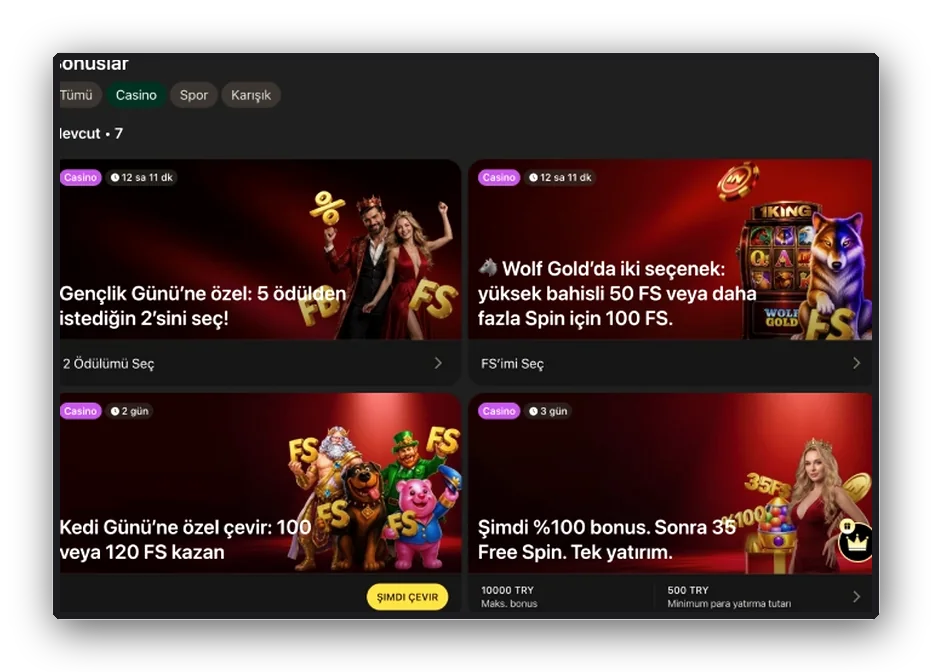 Casino bonus tab view Layout with All, Casino and Sport filter tabs above four casino offer cards