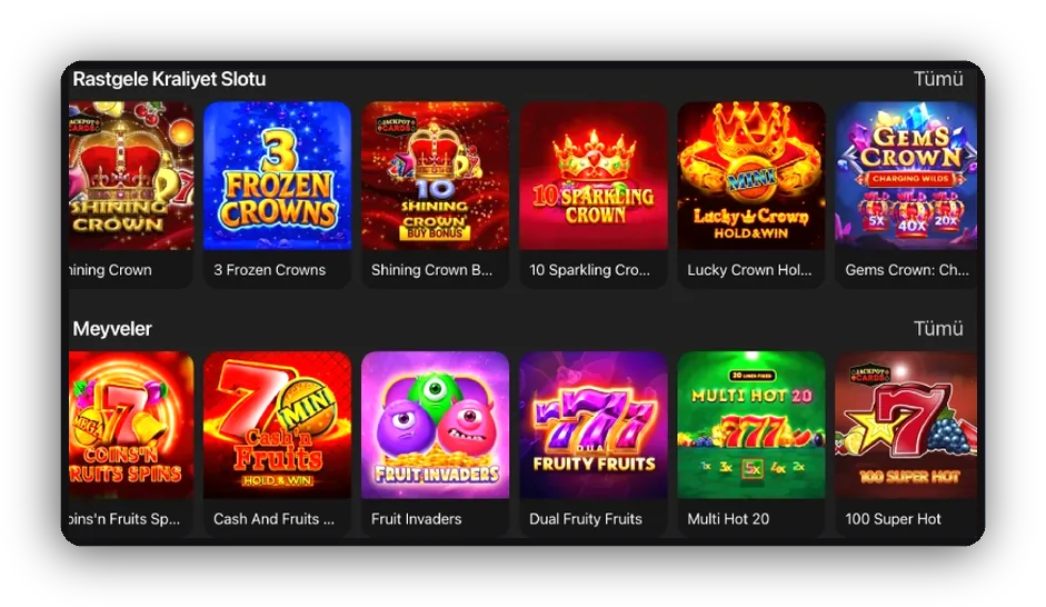 Crown and fruit slot rows Layout with slot rows for crown themed games and fruit machines