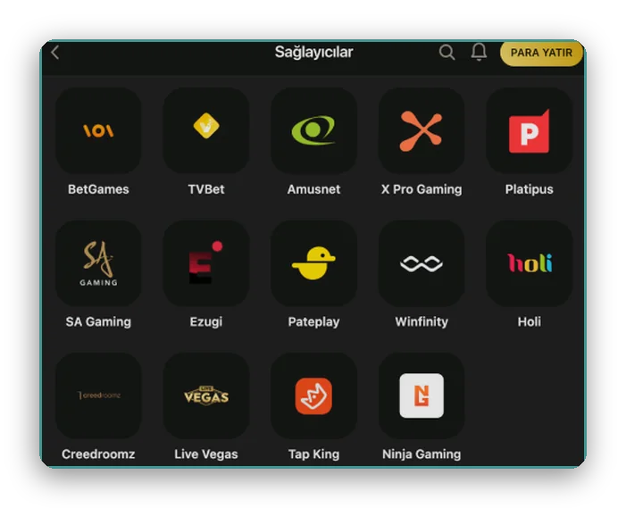 Layout with a provider grid of BetGames, Amusnet, Ezugi and Tap King tiles