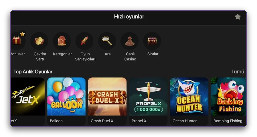 Layout with a fast games row of JetX, Balloon, Crash Duel X and Propeller tiles