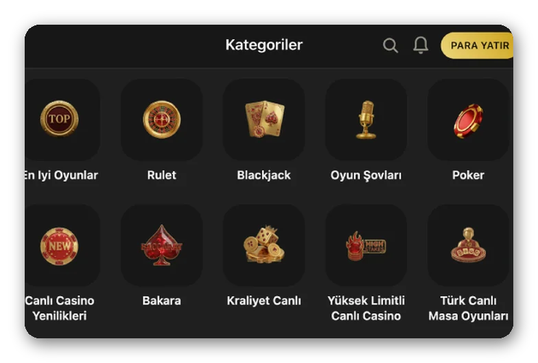 Layout with a casino category menu of roulette, blackjack, game show and poker icons