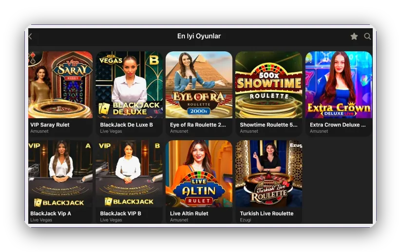 Layout with a live game grid showing VIP Saray Rulet, Showtime Roulette and Eye of Ra