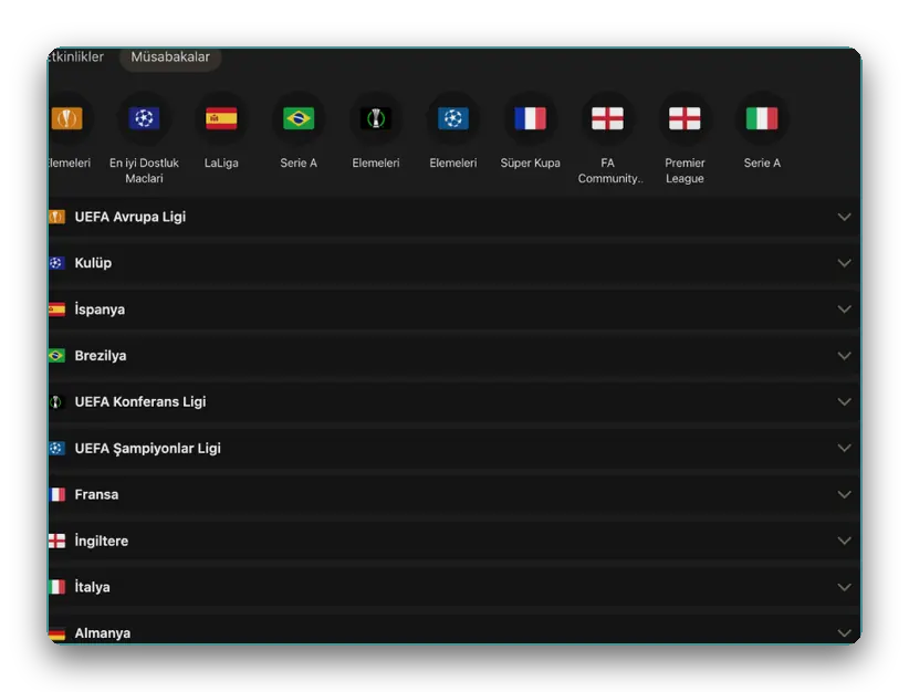 Layout with football competitions grouped by country in expandable rows
